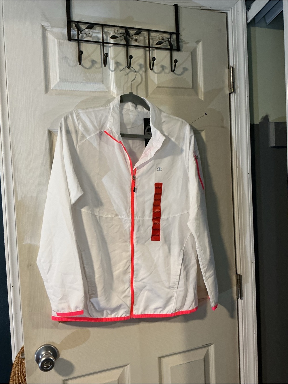 Champion White Windbreaker with Neon Pink Trim and Zip Accents